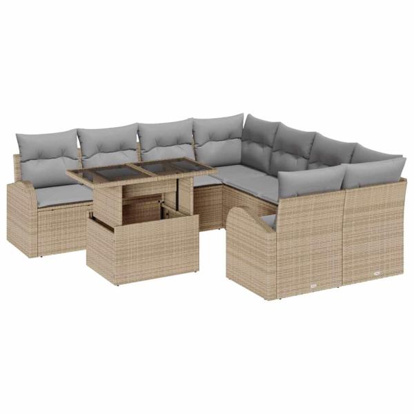 9-teiliges Gartensofa-Set mit Kissen Beige Poly Rattan, 2-Sitzer Gartensofa mit Stauraum & Kissen Beige Poly Rattan