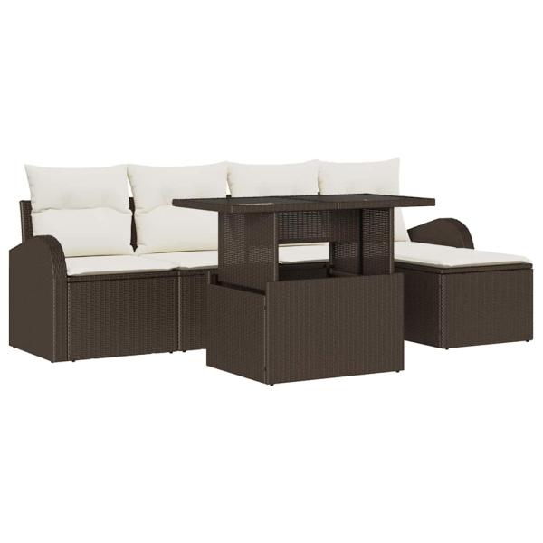 6-teiliges Garten Sofa Set mit Kissen Braun Poly Rattan, 2-Sitzer Garten Sofa mit Stauraum und Kissen Braun Poly Rattan