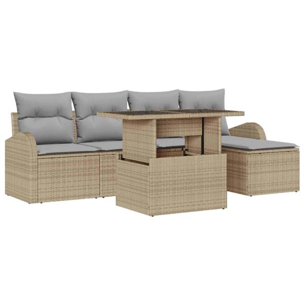 6-teiliges Garten Sofaset mit Kissen Beige Poly Rattan, 2-Sitzer Garten Sofa mit Stauraum & Kissen Beige Poly Rattan