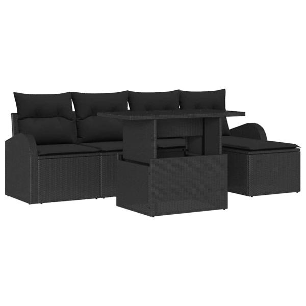 6-teiliges Garten Sofa Set mit Kissen Schwarz Poly Rattan, 2-Sitzer Garten Sofa mit Stauraum & Kissen Schwarz Poly Rattan