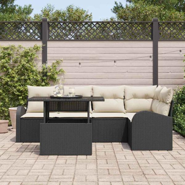 6-teiliges Garten Sofa Set mit Kissen schwarz Poly Rattan, 2-Sitzer Garten Sofa mit Stauraum & Kissen schwarz Poly Rattan