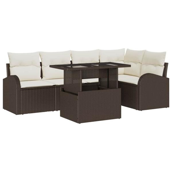 6-teiliges Garten Sofa Set mit Kissen Braunes Poly Rattan, 2-Sitzer Garten Sofa mit Stauraum & Kissen Braunes Poly Rattan