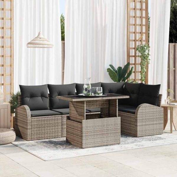 ARDEBO.de - 6-teiliges Gartensofa Set mit Kissen Grau Poly Rattan, 2-Sitzer Gartensofa mit Stauraum & Kissen Grau Poly Rattan