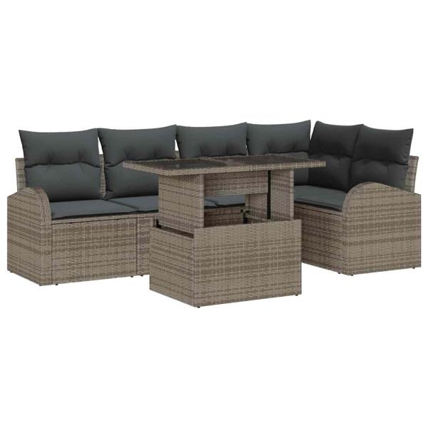 6-teiliges Gartensofa Set mit Kissen Grau Poly Rattan, 2-Sitzer Gartensofa mit Stauraum & Kissen Grau Poly Rattan