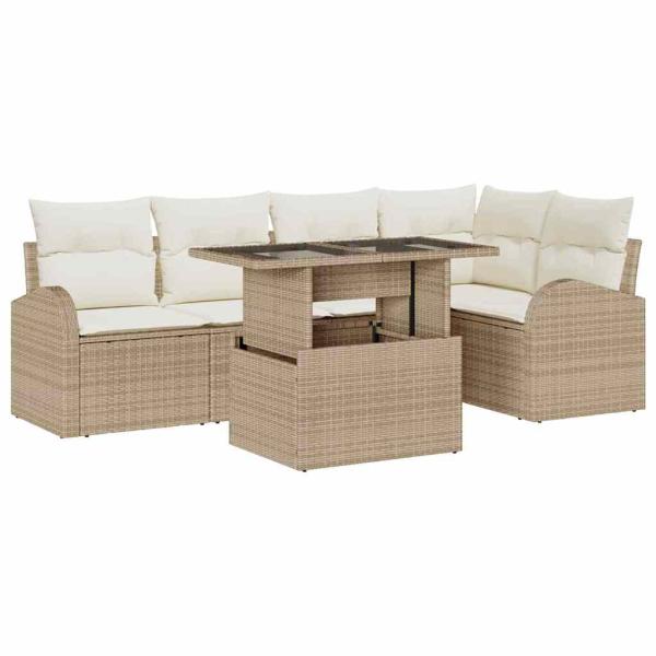 ARDEBO.de - 6-teiliges Garten Sofa Set mit Kissen Beige Poly Rattan, 2-Sitzer Garten Sofa mit Stauraum & Kissen Beige Poly Rattan