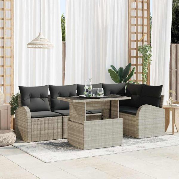 ARDEBO.de - 6-teiliges Garten-Sofa-Set mit Kissen in Hellgrau aus Poly-Rattan, 2-Sitzer-Garten-Sofa mit Stauraum & Kissen in Hellgrau aus Poly-Rattan