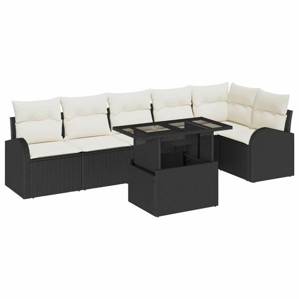 7-teiliges Garten Sofa Set mit Kissen Schwarz Poly Rattan, 2-Sitzer Garten Sofa mit Stauraum & Kissen Schwarz Poly Rattan