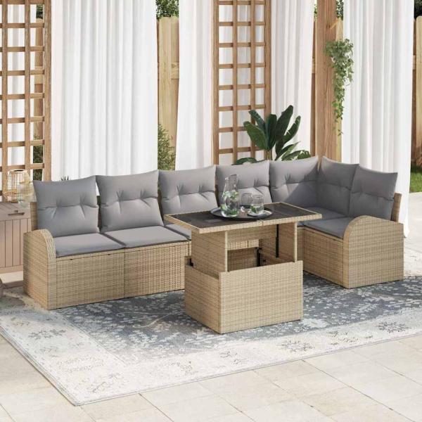 ARDEBO.de - 7-teiliges Garten Sofa Set mit Kissen Beige Poly Rattan, 2-Sitzer Garten Sofa mit Stauraum & Kissen Beige Poly Rattan