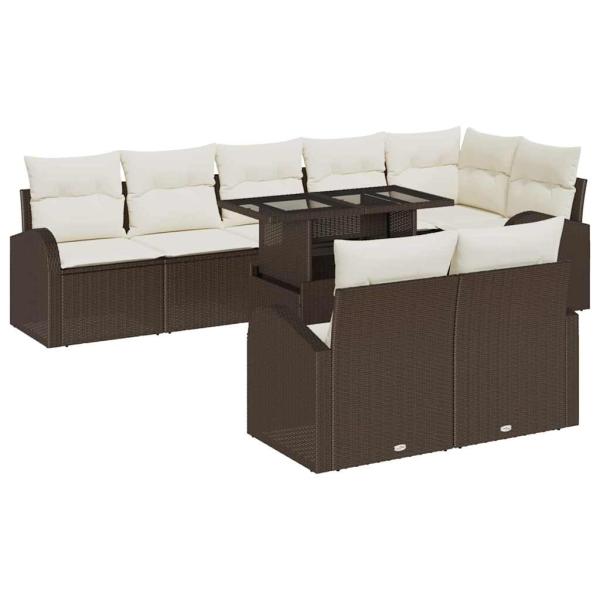 9-teiliges Garten-Sofaset mit Kissen Braun Poly Rattan, 2-Sitzer Garten-Sofa mit Stauraum und Kissen Braun Poly Rattan