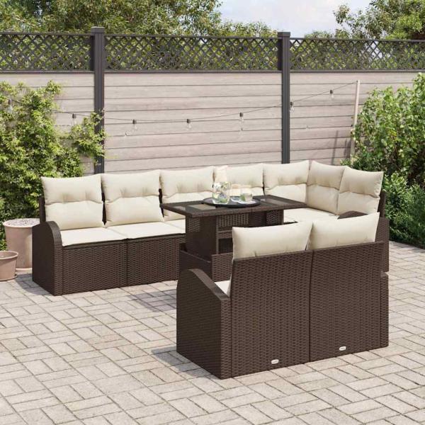 9-teiliges Garten-Sofaset mit Kissen Braun Poly Rattan, 2-Sitzer Garten-Sofa mit Stauraum und Kissen Braun Poly Rattan