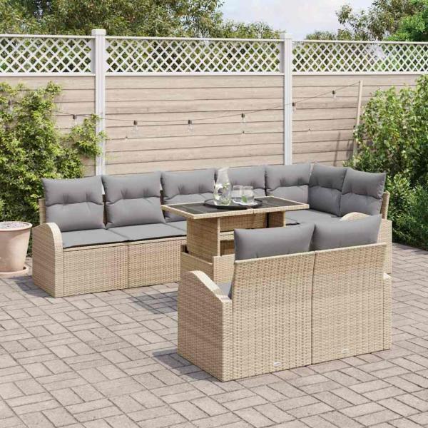 ARDEBO.de - 9-Teiliges Garten Sofa Set mit Kissen Beige Poly Rattan, 2-Sitzer Garten Sofa mit Stauraum & Kissen Beige Poly Rattan