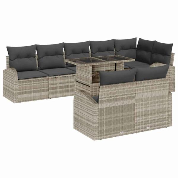 9-teiliges Garten Sofa Set mit Kissen Hellgrau Poly Rattan, 2-Sitzer Garten Sofa mit Stauraum und Kissen Hellgrau Poly Rattan