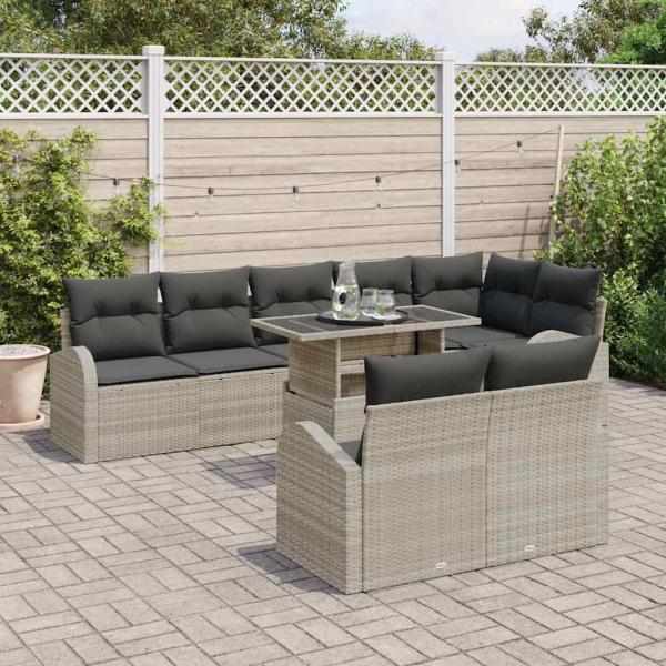 9-teiliges Garten Sofa Set mit Kissen Hellgrau Poly Rattan, 2-Sitzer Garten Sofa mit Stauraum und Kissen Hellgrau Poly Rattan