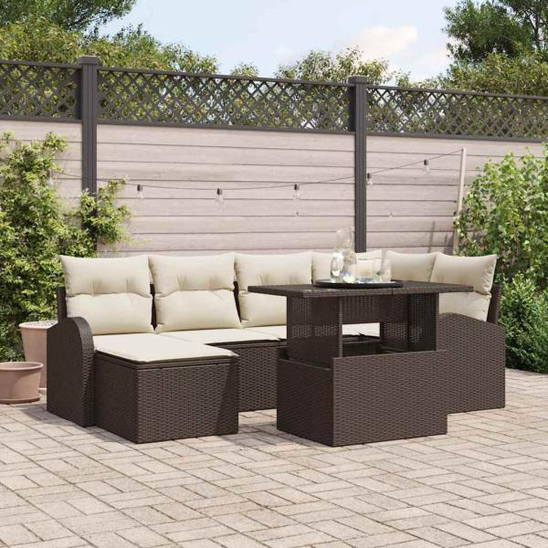 ARDEBO.de - 7-teiliges Garten-Sofa-Set mit Kissen aus braunem Poly-Rattan, 2-Sitzer Garten-Sofa mit Stauraum & Kissen in braunem Poly-Rattan