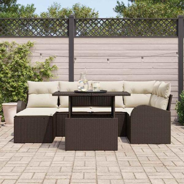 7-teiliges Garten-Sofa-Set mit Kissen aus braunem Poly-Rattan, 2-Sitzer Garten-Sofa mit Stauraum & Kissen in braunem Poly-Rattan