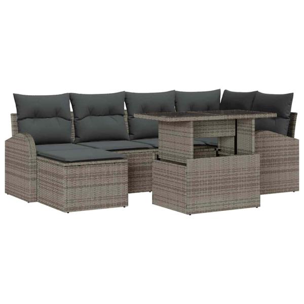 7-teiliges Garten-Sofa-Set mit Kissen Grau Poly Rattan, 2-Sitzer Garten-Sofa mit Stauraum & Kissen Grau Poly Rattan