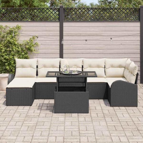 8-teiliges Garten-Sofa-Set mit Kissen Schwarz Poly Rattan, 2-Sitzer Garten-Sofa mit Stauraum & Kissen Schwarz Poly Rattan