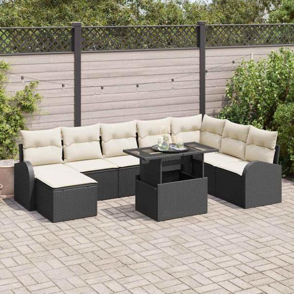 ARDEBO.de - 9-teiliges Garten-Sofa-Set mit Kissen schwarzes Poly-Rattan, 2-Sitzer Garten-Sofa mit Stauraum & Kissen schwarzes Poly-Rattan