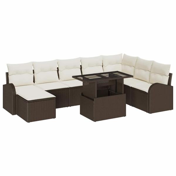 9-teiliges Garten Sofa Set mit Kissen aus braunem Poly-Rattan, 2-Sitzer Garten Sofa mit Stauraum & Kissen aus braunem Poly-Rattan