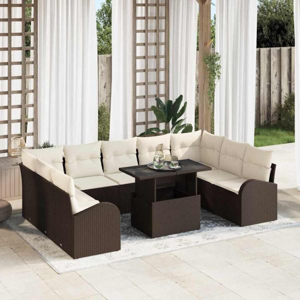ARDEBO.de - 10-teiliges Garten Sofa Set mit Kissen Braun Poly Rattan, 2-Sitzer Garten Sofa mit Stauraum & Kissen Braun Poly Rattan
