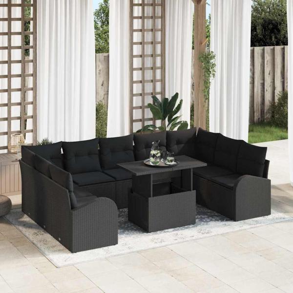 ARDEBO.de - 10-teiliges Garten Sofa Set mit Kissen Schwarz Poly Rattan, 2-Sitzer Garten Sofa mit Stauraum & Kissen Schwarz Poly Rattan