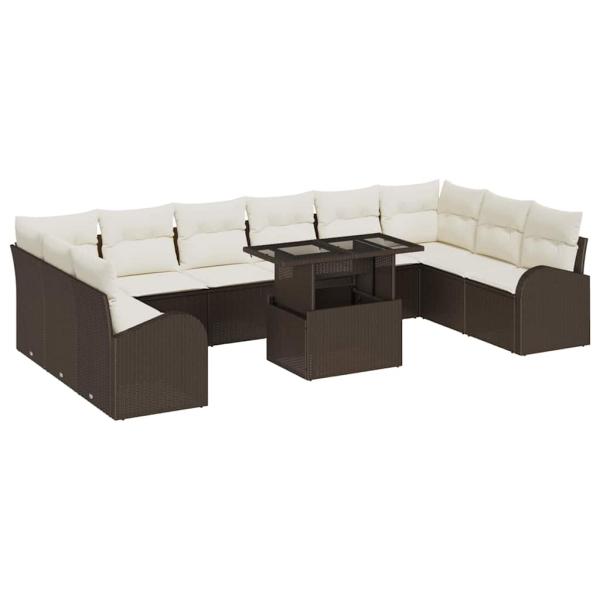11-teiliges Garten Sofa Set mit Kissen Braun Poly Rattan, 2-Sitzer Garten Sofa mit Stauraum & Kissen Braun Poly Rattan