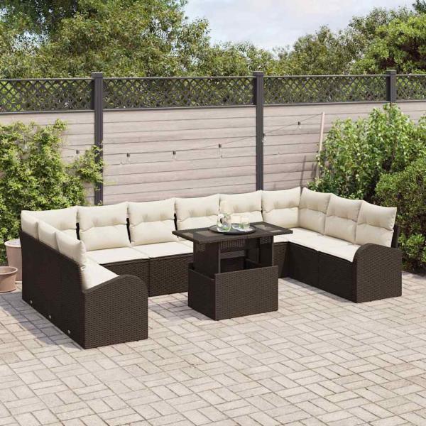 11-teiliges Garten Sofa Set mit Kissen Braun Poly Rattan, 2-Sitzer Garten Sofa mit Stauraum & Kissen Braun Poly Rattan