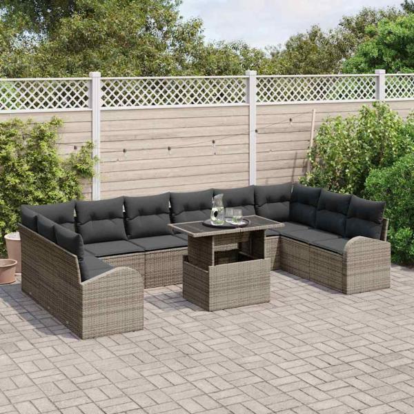 11-teiliges Garten Sofa Set mit Kissen Grau Poly Rattan, 2-Sitzer Garten Sofa mit Stauraum & Kissen Grau Poly Rattan