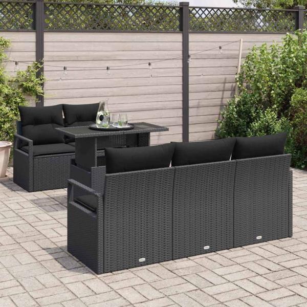 6 teiliges Garten-Sofa-Set mit Kissen Schwarz Poly Rattan, 2-Sitzer Garten-Sofa mit Stauraum & Kissen Schwarz Poly Rattan