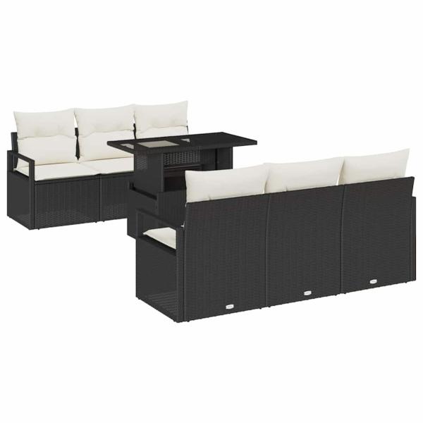 7-teiliges Garten Sofa Set mit Kissen Schwarz Poly Rattan, 2-Sitzer Garten Sofa mit Stauraum & Kissen Schwarz Poly Rattan
