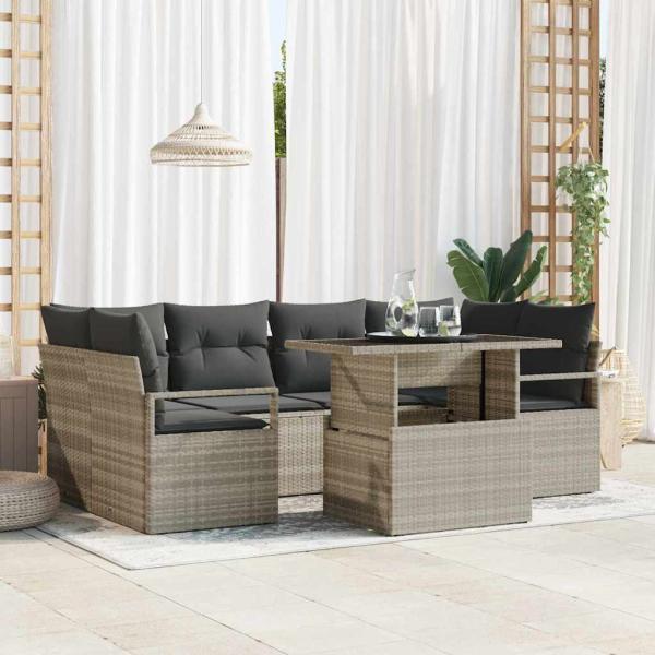 ARDEBO.de - 7-teiliges Garten Sofa Set mit Kissen Hellgraues Poly Rattan, 2-Sitzer Garten Sofa mit Stauraum & Kissen Grau Poly Rattan