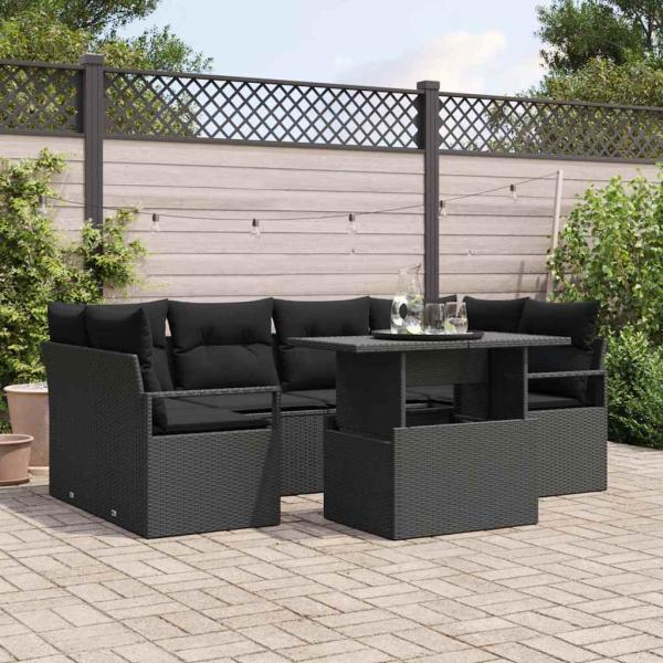 ARDEBO.de - 7-teiliges Garten-Sofa-Set mit Kissen schwarzes Poly-Rattan, 2-Sitzer Garten-Sofa mit Stauraum & Kissen schwarzes Poly-Rattan