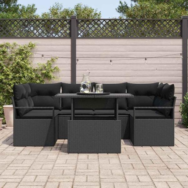 7-teiliges Garten-Sofa-Set mit Kissen schwarzes Poly-Rattan, 2-Sitzer Garten-Sofa mit Stauraum & Kissen schwarzes Poly-Rattan