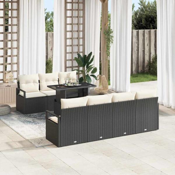 ARDEBO.de - 8-teiliges Garten Sofa Set mit Kissen Schwarz Poly Rattan, 2-Sitzer Garten Sofa mit Stauraum & Kissen Schwarz Poly Rattan