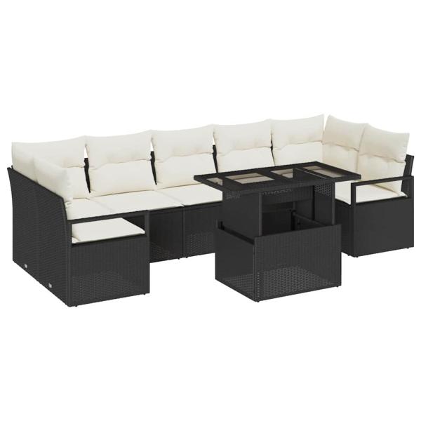 8-teiliges Gartensofa Set mit Kissen Schwarz Poly Rattan, 2-Sitzer Gartensofa mit Stauraum & Kissen Schwarz Poly Rattan