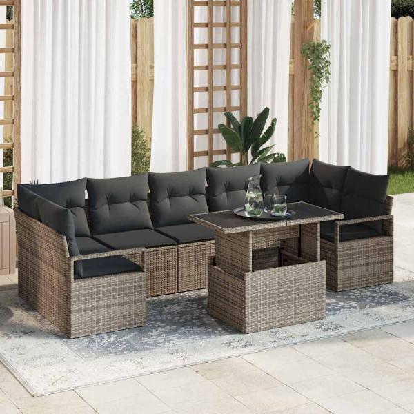 ARDEBO.de - 8-teiliges Garten Sofa Set mit Kissen Grau Poly Rattan, 2-Sitzer Garten Sofa mit Stauraum & Kissen Grau Poly Rattan