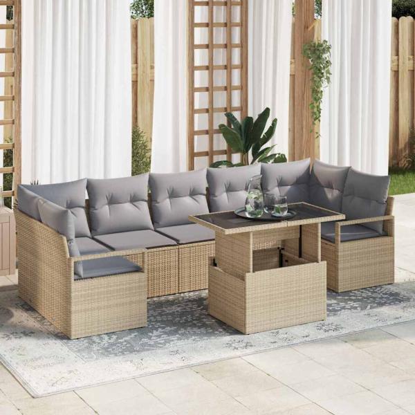 ARDEBO.de - 8-teiliges Garten Sofa Set mit Kissen Beige Poly Rattan, 2-Sitzer Garten Sofa mit Stauraum & Kissen Beige Poly Rattan