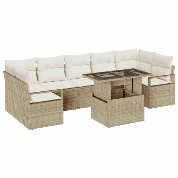 8-teiliges Garten Sofa Set mit Kissen Beige Poly Rattan, 2-Sitzer Garten Sofa mit Stauraum & Kissen Beige Poly Rattan
