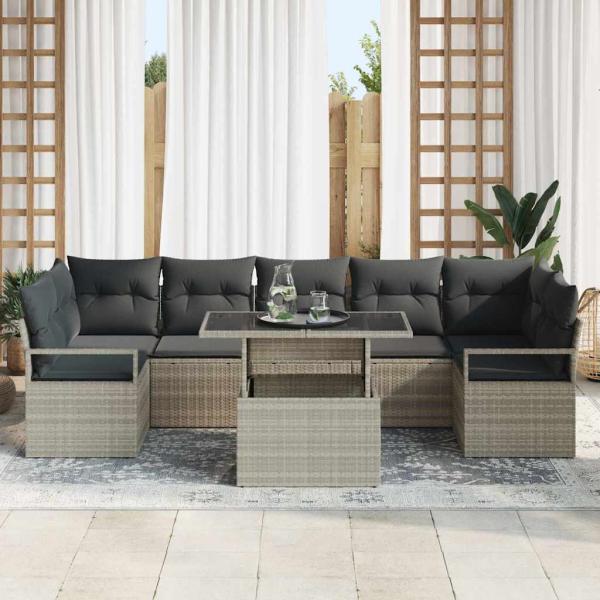 8-teiliges Garten Sofa Set mit Kissen Hellgrau Poly Rattan, 2-Sitzer Garten Sofa mit Stauraum & Kissen Grau Poly Rattan
