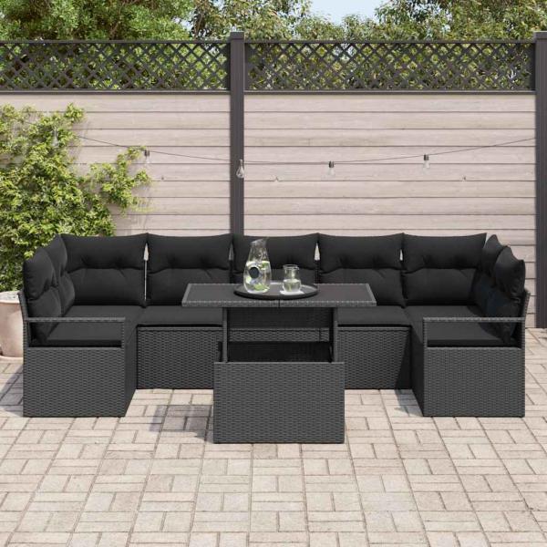ARDEBO.de - 8-teiliges Garten Sofa Set mit Kissen Schwarz Poly Rattan, 2-Sitzer Garten Sofa mit Stauraum & Kissen Schwarz Poly Rattan