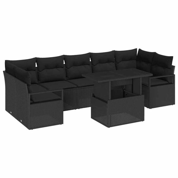8-teiliges Garten Sofa Set mit Kissen Schwarz Poly Rattan, 2-Sitzer Garten Sofa mit Stauraum & Kissen Schwarz Poly Rattan