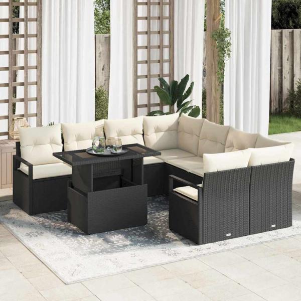 ARDEBO.de - 9-teiliges Garten-Sofaset mit Kissen schwarzes Poly-Rattan, 2-Sitzer Garten-Sofa mit Stauraum & Kissen schwarzes Poly-Rattan