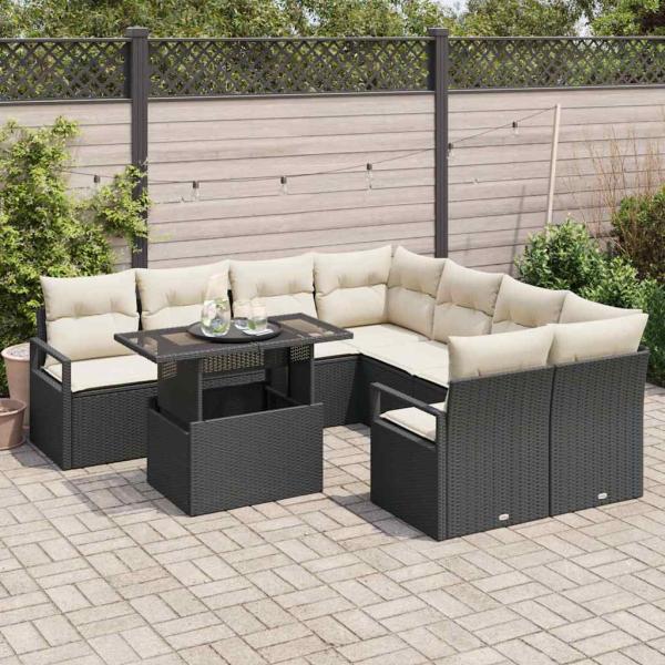 9-teiliges Garten-Sofaset mit Kissen schwarzes Poly-Rattan, 2-Sitzer Garten-Sofa mit Stauraum & Kissen schwarzes Poly-Rattan