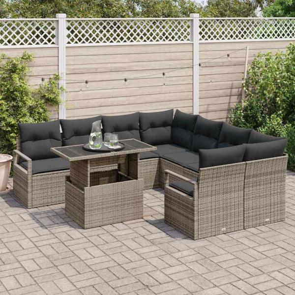 9-teiliges Garten Sofa Set mit Kissen Grau Poly Rattan, 2-Sitzer Garten Sofa mit Stauraum & Kissen Grau Poly Rattan
