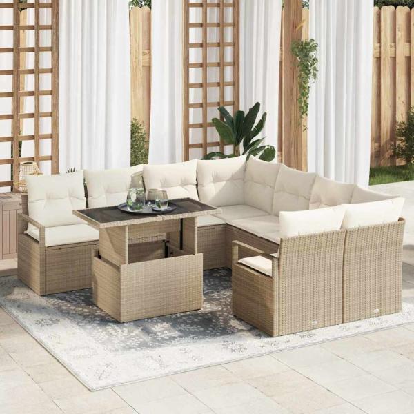 ARDEBO.de - 9-teiliges Garten Sofa Set mit Kissen Beige Poly Rattan, 2-Sitzer Garten Sofa mit Stauraum & Kissen Beige Poly Rattan