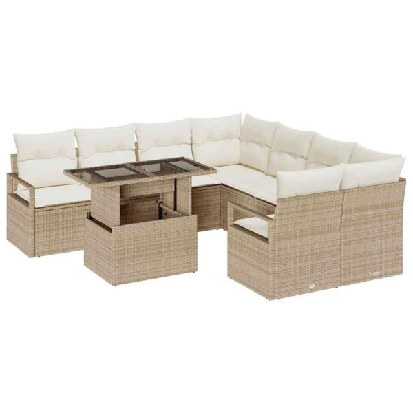 9-teiliges Garten Sofa Set mit Kissen Beige Poly Rattan, 2-Sitzer Garten Sofa mit Stauraum & Kissen Beige Poly Rattan