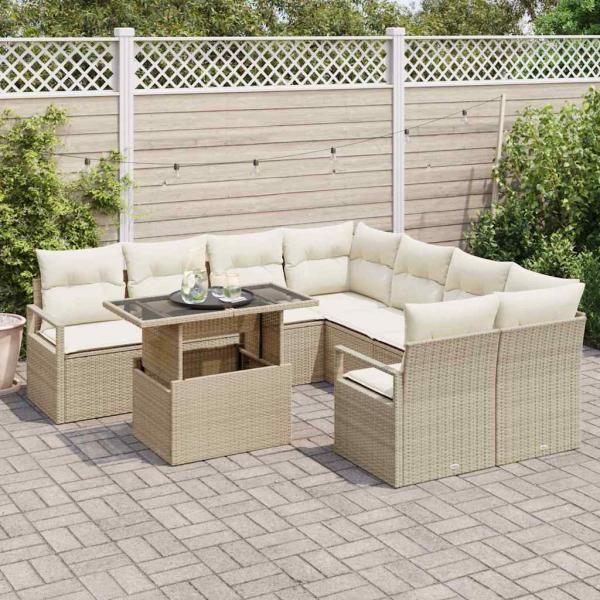 9-teiliges Garten Sofa Set mit Kissen Beige Poly Rattan, 2-Sitzer Garten Sofa mit Stauraum & Kissen Beige Poly Rattan