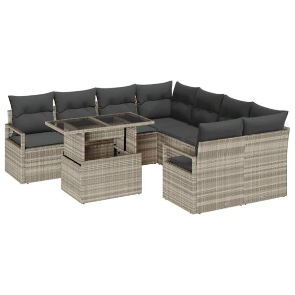 9-teiliges Garten Sofa Set mit Kissen, hellgrau, Poly-Rattan, 2-Sitzer Garten Sofa mit Stauraum und Kissen, grau, Poly-Rattan