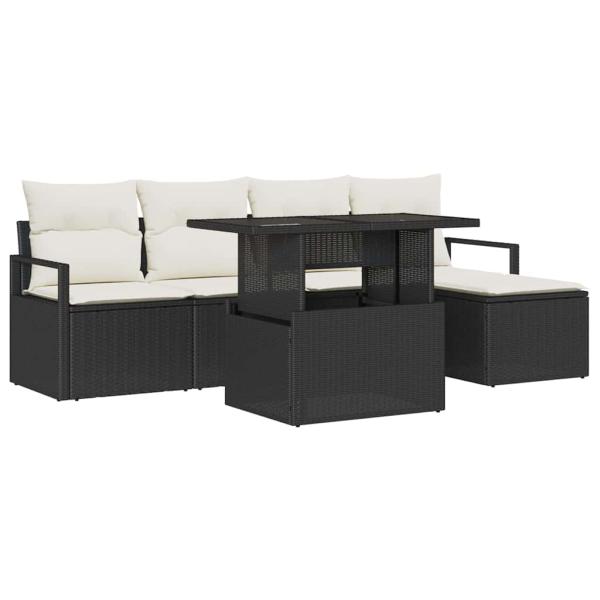 6-teiliges Garten-Sofa-Set mit Kissen Schwarz Poly Rattan, 2-Sitzer Garten-Sofa mit Stauraum & Kissen Schwarz Poly Rattan