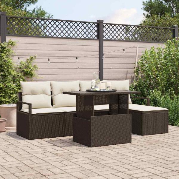 ARDEBO.de - 6-teiliges Garten-Sofaset mit Kissen Braun Poly-Rattan, 2-Sitzer Garten-Sofa mit Stauraum & Kissen Braun Poly-Rattan
